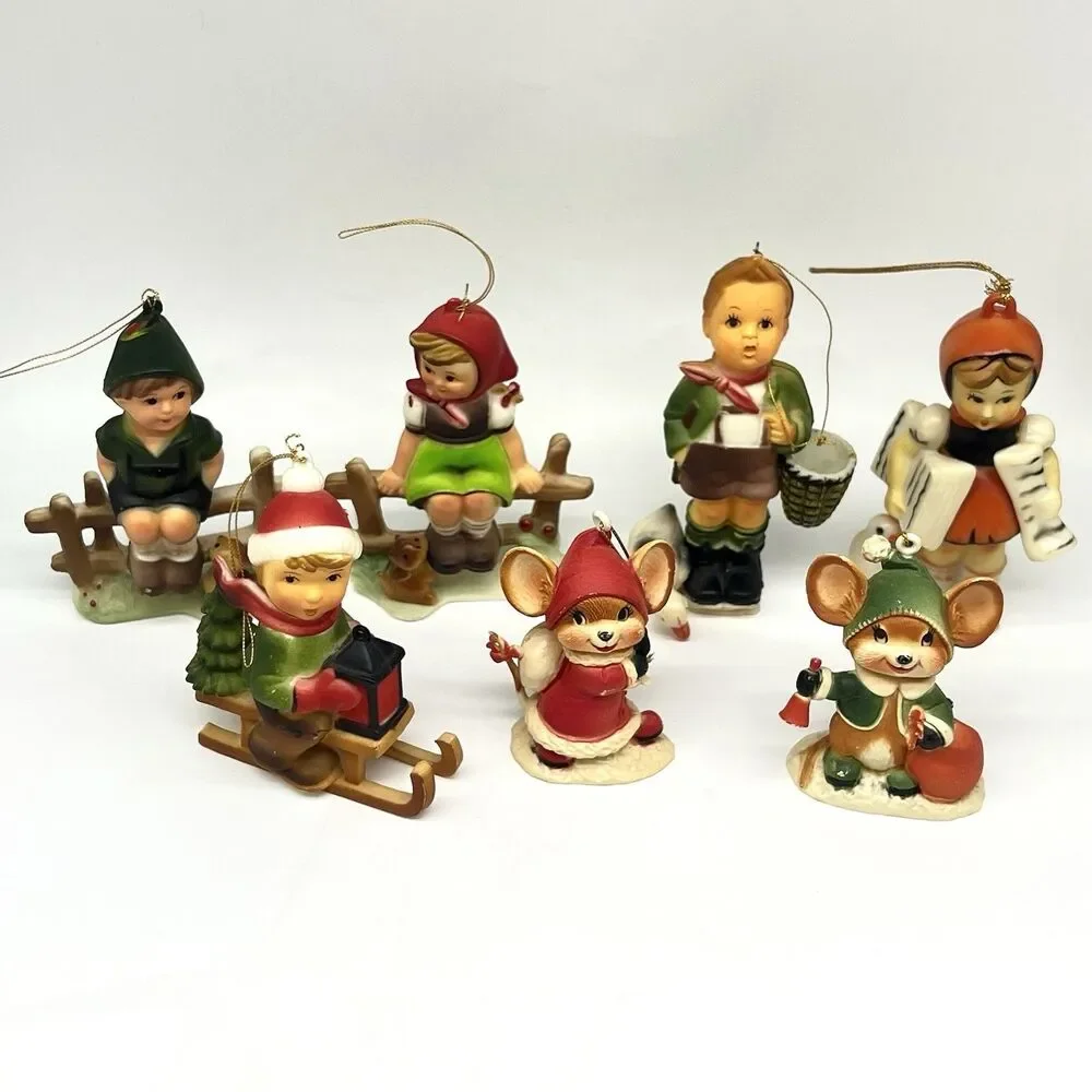 VTG 70s Hong Kong Plastic Christmas Ornament Children Mice Hummel Style Lot of 7